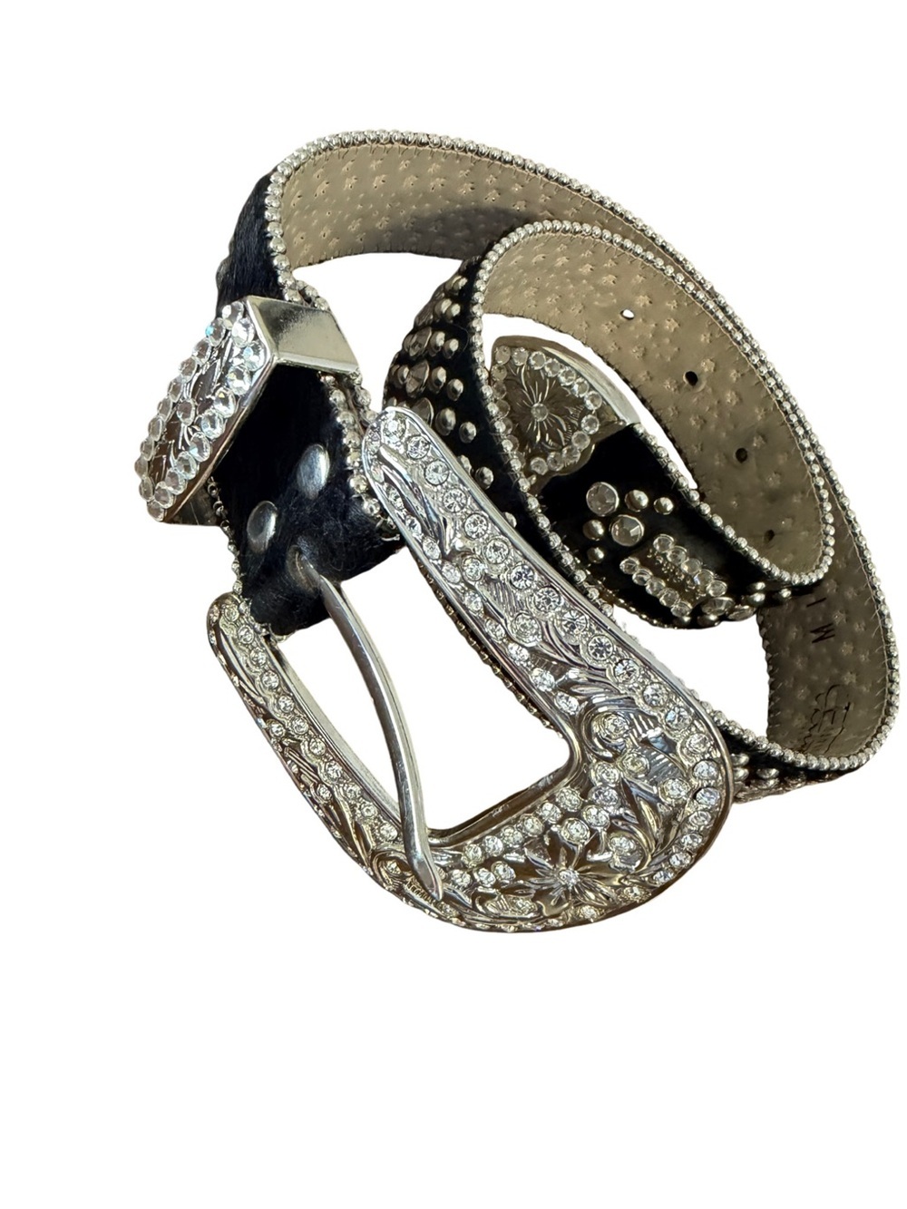 bb Simon Crystal Rhinestone Studded Leather Belt Black Silver Western Medium